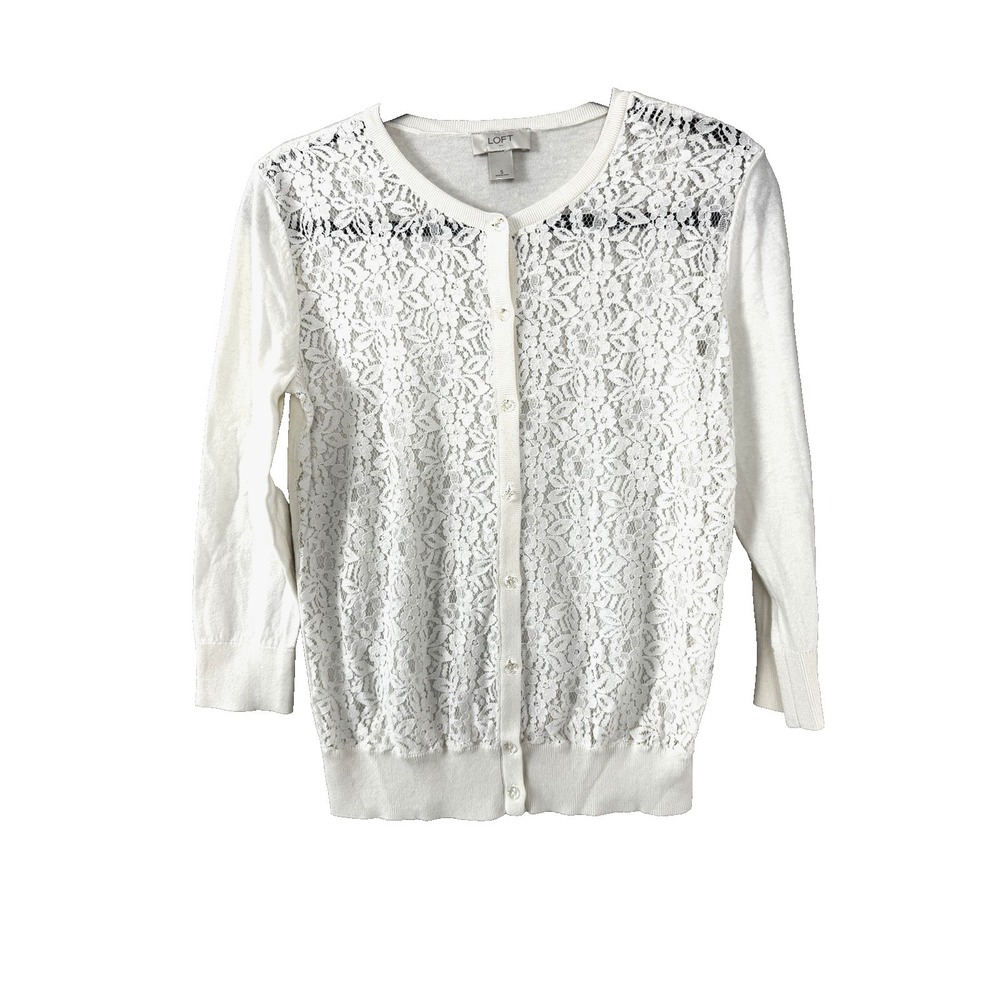 Loft Womens Small Cardigan Lace Cottagecore Preppy Soft Knit Coastal Romantic